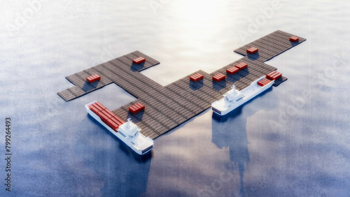 Construction of a floating dock to help the inhabitants of the Gaza Strip, raw materials and basic necessities, food and medical aid. Mediterranean Sea. 3d rendering