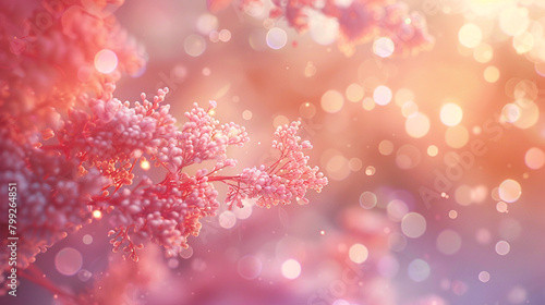 Soft coral particles float gently through a softly blurred landscape, evoking a sense of delicate beauty and tranquility.