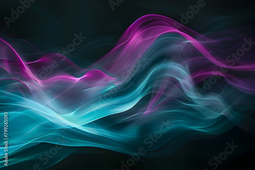 Dynamic neon waves in shades of teal and magenta. Graceful movement on black background.