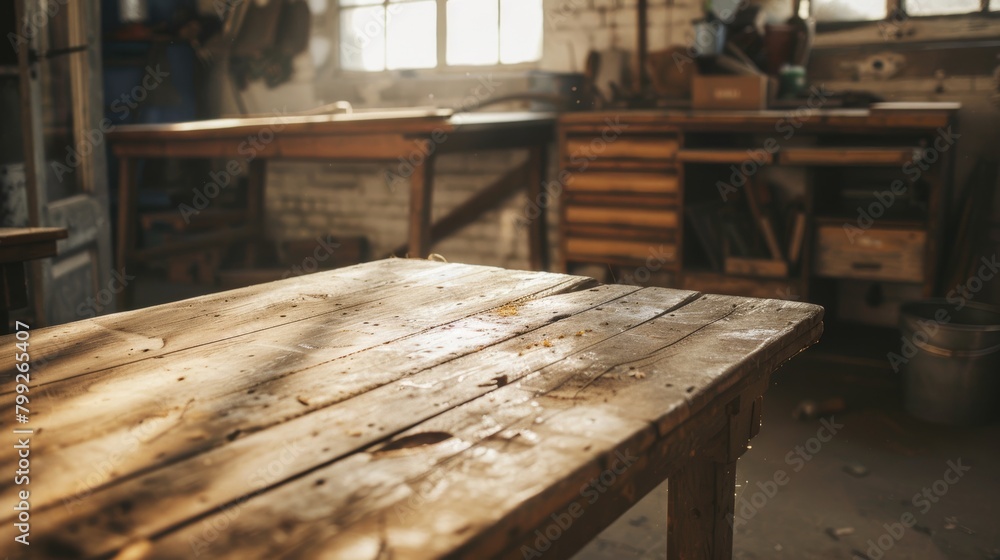 Rustic Wooden Workshop Interior with Sunlight and Shadows Generative AI Rustic Wooden Workshop Interior with Sunlight and Shadows Generative AI