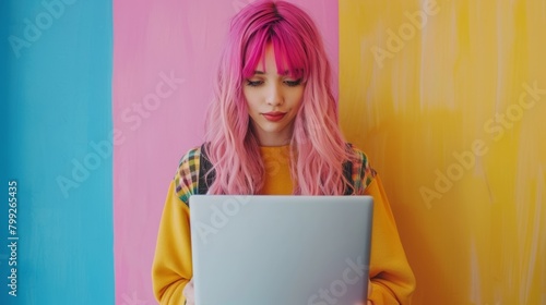 Woman Working on Laptop Against Colorful Background Generative AI