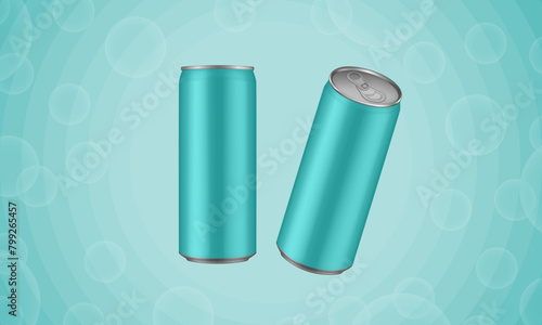 Set of mint green tin cans of energy drink, juice or soda. Cocktail or fitness drink. Cold beverages. Can top view. Abstract background with bubbles and rays	