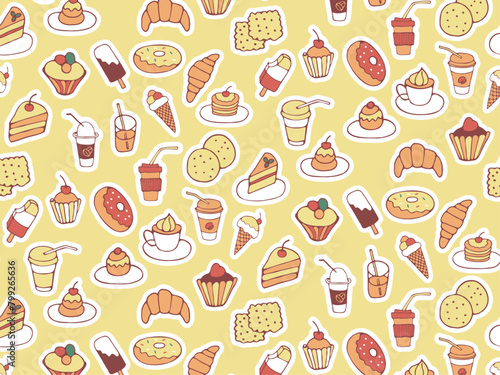 Seamless pattern of food and drink  fast food  sweets  cookies  coffee. Hand drawn vector colorful doodles in flat style.