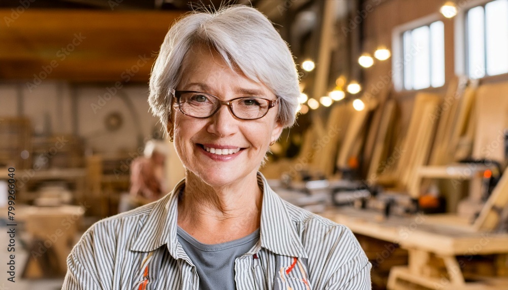Obraz premium Portrait of elderly female carpenter smiling and looking at camera with soft bokeh workshop background. Empowering women in industry