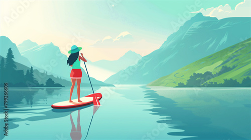 A woman is paddling on a stand-up paddleboard (SUP) on a mountain lake. Perfect for banners, posters, websites, and more. Copy space for text.