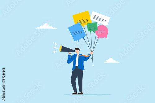 Businessman holds speech bubble balloons while speaking into megaphone, illustrating communication or Public Relations. Concept of PR manager in announcing and promotions company information to media