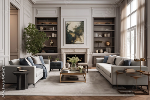 A living room in the transitional style that expertly combines parts of the old and new.