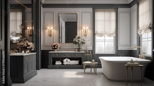 A bathroom in the transitional style that expertly combines parts of the old and new. © Jaroon