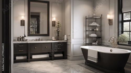 A bathroom in the transitional style that expertly combines parts of the old and new.