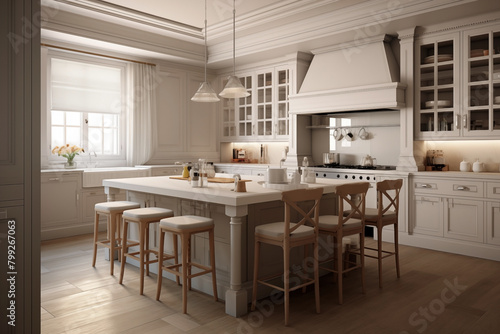 A kitchen room in the transitional style that expertly combines parts of the old and new.