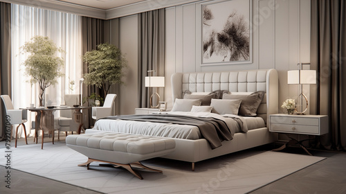A bedroom in the transitional style that expertly combines parts of the old and new.