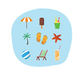 Various items for relaxing on the beach on a colored background. Vector illustration.