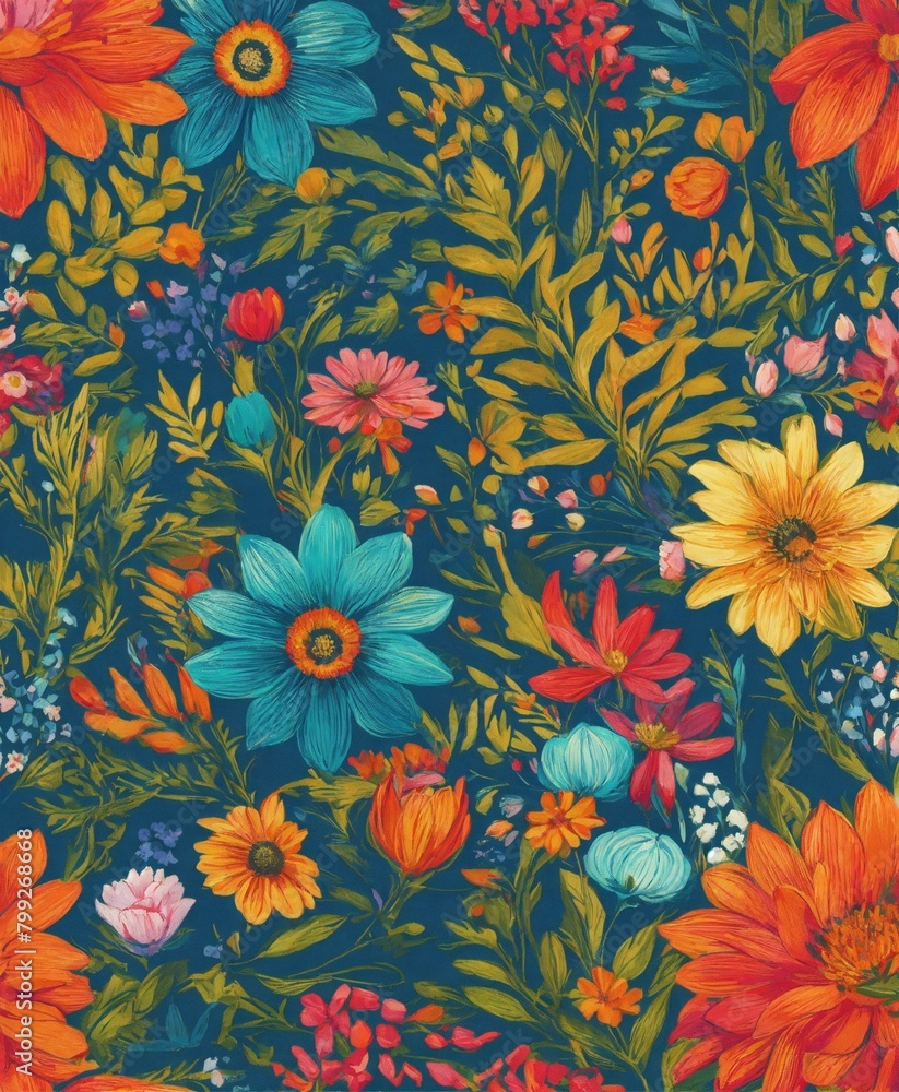 floral pattern in vibrant colors, small print.