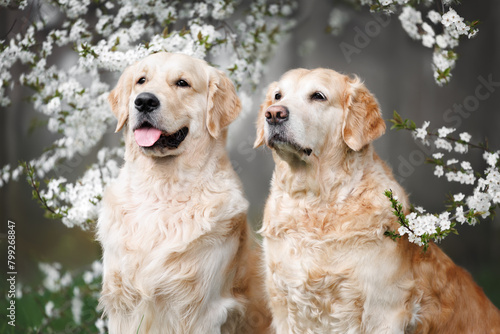 two golden retriever dogs posing under a blooming cherry plum tree together in spring