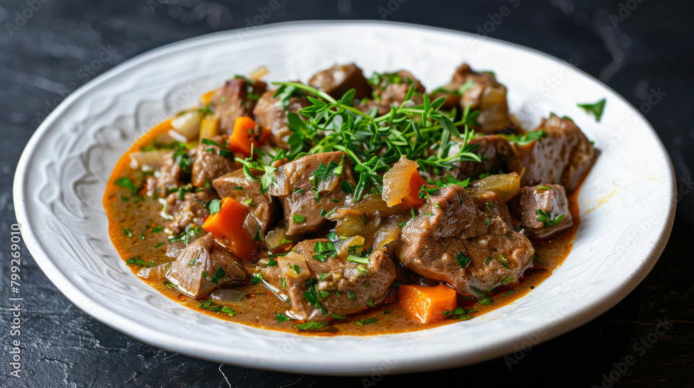 Authentic georgian beef stew, seasoned with fragrant herbs on a white plate against a dark background, showcasing vibrant colors and textures