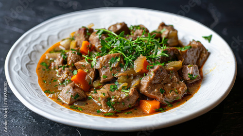 Authentic georgian beef stew, seasoned with fragrant herbs on a white plate against a dark background, showcasing vibrant colors and textures