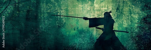 Silhouette of a Kendo Fighter in a Deep Green Forest Setting with Copy Space photo