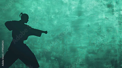 Silhouette of Kung Fu Master Performing Martial Arts Pose Against Tranquil Jade Green Backdrop
