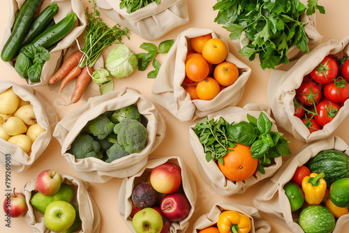 A variety of fresh organic fruits and vegetables  along with vegan meal ingredients  neatly packed in reusable eco cotton bags on a beige background. This setup exemplifies zero waste shopping 