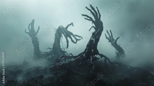 Twisted Gnarled Roots and Skeletal Hands Emerging from Ominous Fog Haunting Fantasy Landscape © Mickey