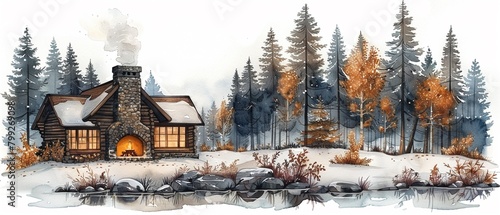 A cozy winter scene with snow-covered trees and a glowing fireplace.watercolor storybook illustration © fangphotolia