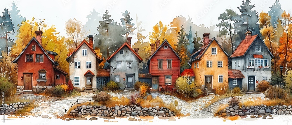 A row of charming houses along a quaint cobblestone street.watercolor storybook illustration