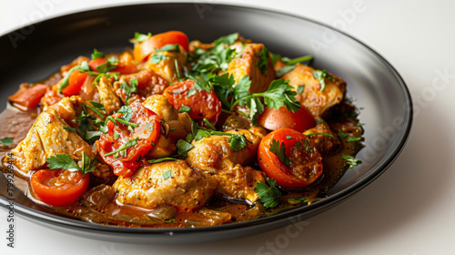 Authentic georgian chakhokhbili chicken dish beautifully served with fresh tomatoes and herbs on a modern black plate against a white background photo
