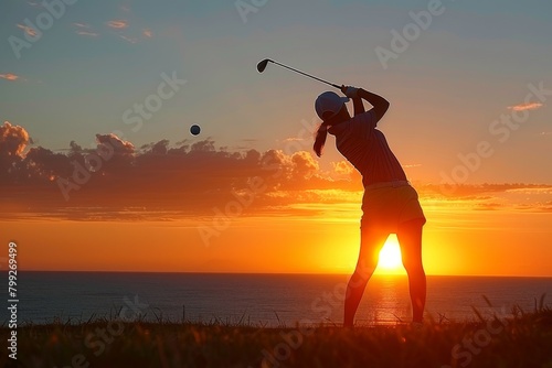 Woman Playing Golf in Front of a Sunset