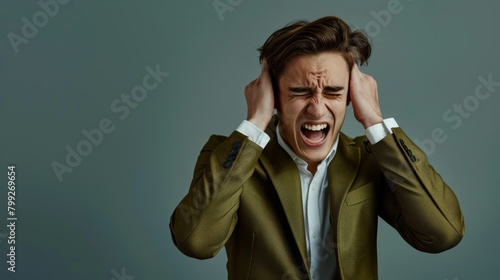 Business, tension, Asian man cover ears, loud, mental health on grey studio background. Male employee, anxious worker, and entrepreneur with hands on temple, boisterous, preventing silence. photo