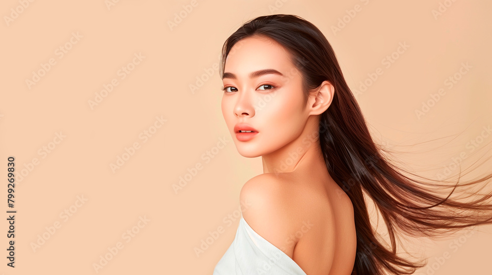 Young Asian beauty woman long hair with Korean makeup style on face and perfect skin isolated on beige background, beauty advertisement banner Young Asian beauty woman long hair with Korean makeup style on face and perfect skin isolated on beige background, beauty advertisement banner