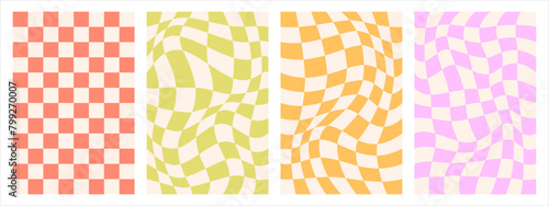 Groovy psychedelic checkerboard vector backgrounds set. Retro 70s abstract wavy checkered prints