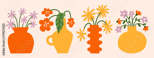Bright flowers bouquet in vases vector art set. Trendy groovy floral illustration. Flat botanical elements