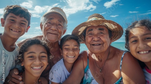 Happy, selfie, and family portrait on beach for tropical holiday or adventure. Smile, affection, and girls taking vacation photos with parents and grandparents by the water. © LukaszDesign