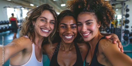 Fitness, motivation, and social media selfies with buddies at the gym. Support, profile image, and wellbeing through teamwork, photography, and exercise training. © LukaszDesign