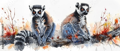 lemurs. watercolor storybook illustration photo
