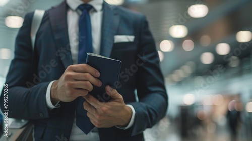 Traveling with hands, phone, and passport, checking airport flight times on smartphone app. Hand of business employee clutching smartphone or travel ID. photo