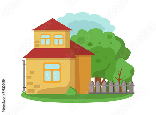 House with trees and fence. Country cottage. Cartoon country house outside, garden, building. Vector illustration of the front side of a house. Real estate or private rural house.
