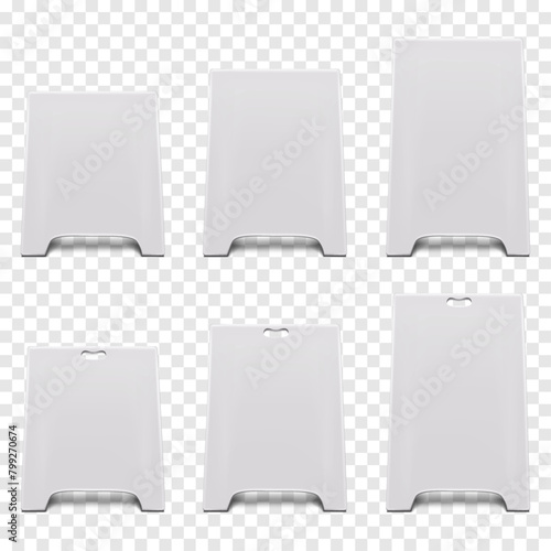 Sandwich white board, easel banner front view. Vector mock-up set. Blank A-frame display mockup kit. Floor advertising sign with handle cut. Template for design