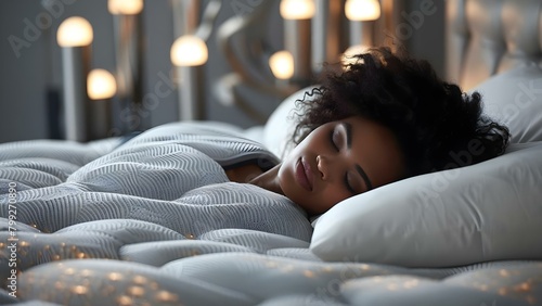 An African American woman peacefully resting on a comfortable bed with an orthopedic mattress. Concept bedroom, relaxation, orthopedic mattress, African American woman, peaceful