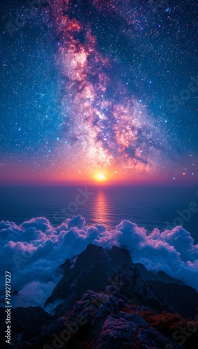 Celestial Majesty  Capturing the Serene Cloudscape Beneath the Starry Galaxy