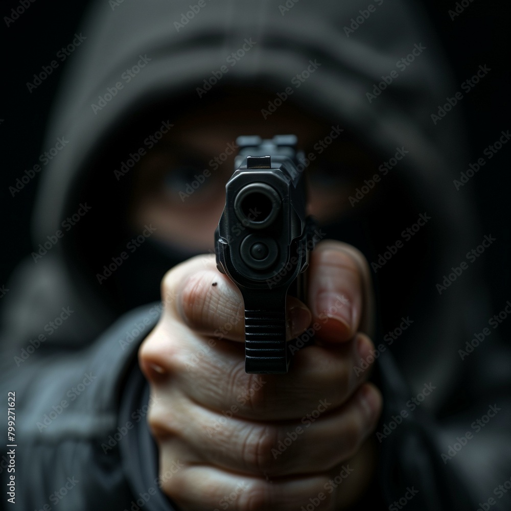 Obraz premium A man holding a gun to the camera.