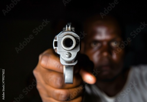 A man holding a gun to the camera.