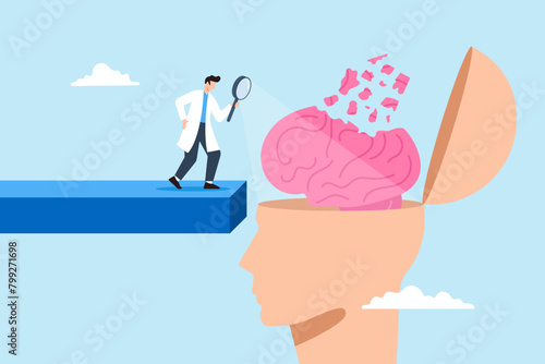 Doctor examines amnesia patient brain using magnifying glass, illustrating memory loss, dementia disorders and alzheimer disease. Concept of mental illnesses, psychology and anxiety