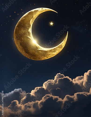 Golden Crescent Moon With Stars in the Sky for Eid Background