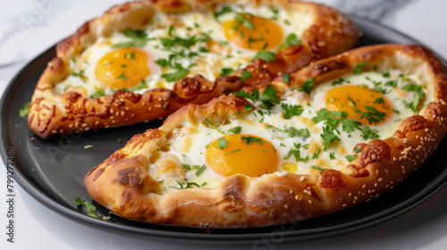 Savory georgian khachapuri topped with sunny-side-up eggs, melted cheese, and parsley on a dark plate