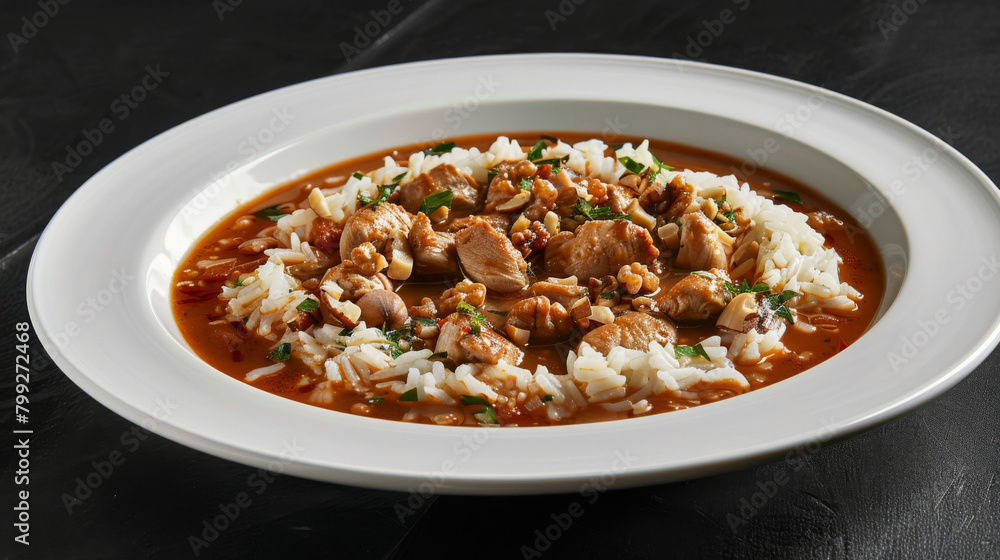 Hearty georgian satsivi with chicken and walnuts served on fluffy white rice on a beautiful white plate Hearty georgian satsivi with chicken and walnuts served on fluffy white rice on a beautiful white plate