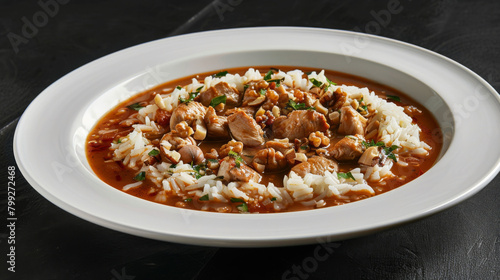 Hearty georgian satsivi with chicken and walnuts served on fluffy white rice on a beautiful white plate