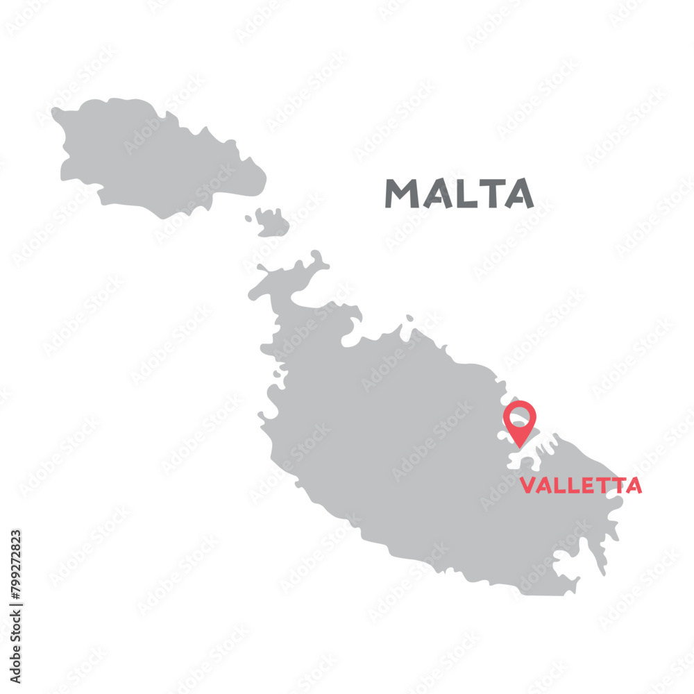 Malta vector map illustration, country map silhouette with mark the capital city of Malta inside. Filled version illustration isolated on white background. Every country in the world is here