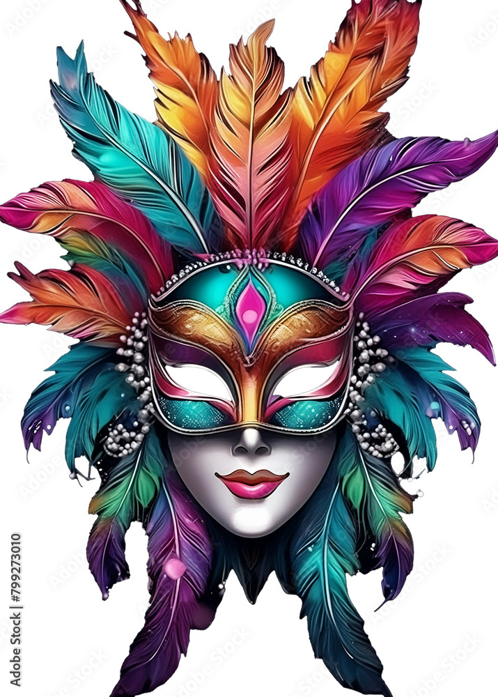 colorful carnival mask with feathers isolated on white background
