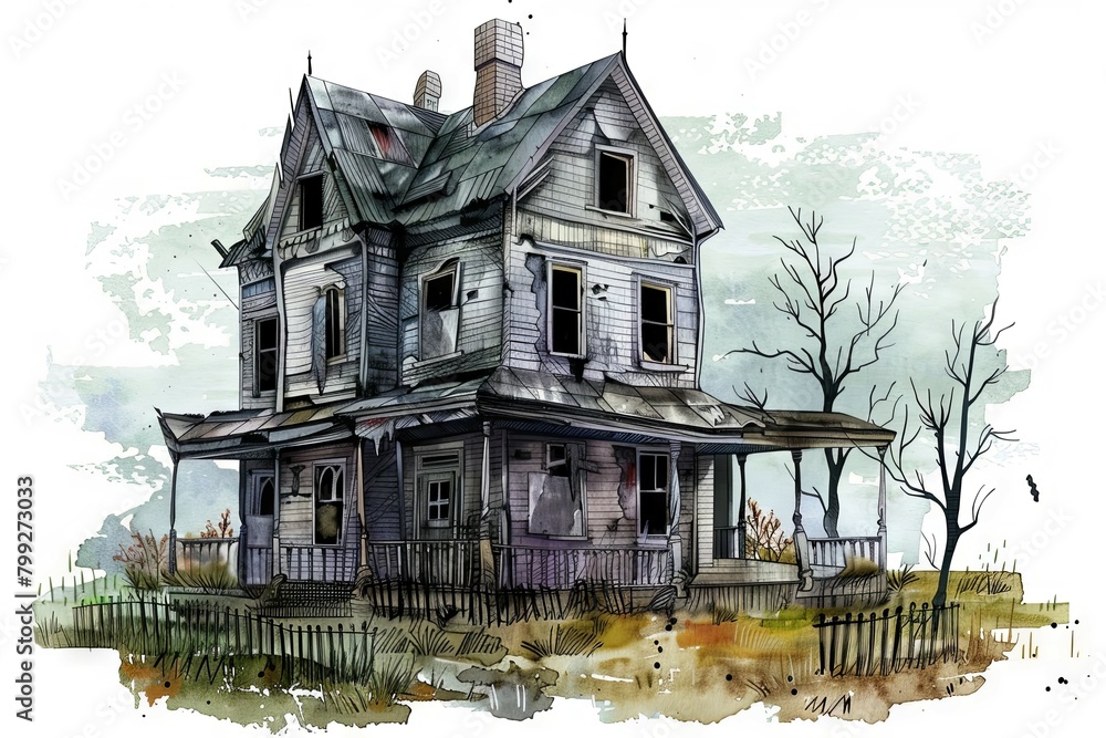 Vintage Watercolor of a Haunting Haunted House on White Poster Background